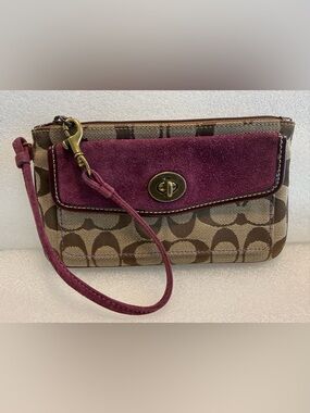 Coach Suede Turnlock Wristlet Purple and Brown